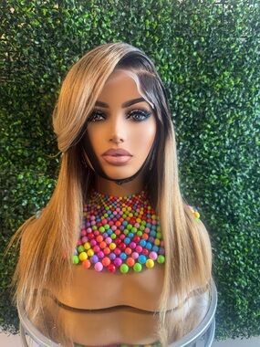 Blonde Straight Lace closure Wig with Dark Roots - Women Hair